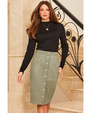 Sage Green Suede Popper Front Pencil Skirt