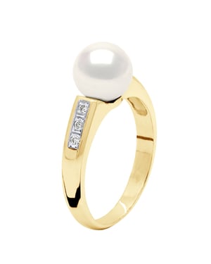 Ring Sieraad Diamant 0,06 Ct - Geel Goud - Echte Gecultiveerde Zoetwaterparel Rond 8-9 mm