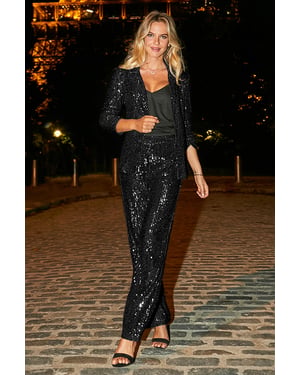 Black Sequin Wide Leg Trousers