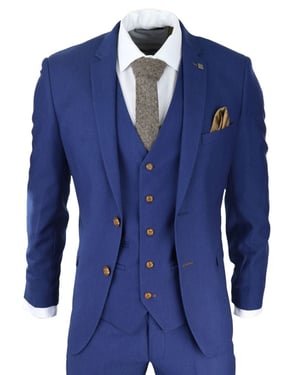 Mens 3 Piece Royal Blue Birdseye Classic Suit