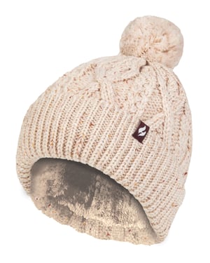 Dames Pom Pom Muts | Heat Holders | Trendy Dikke Warme Kabelgebreide Beanie met Heatweaver Fleece Voering | Salzburg Stijl - Natuur
