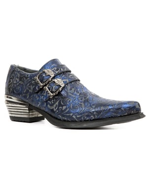 New Rock vintage blauwe leren schoenen met bloemengesp-7960-S7
