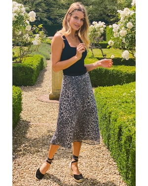 Grey Leopard Print Midi Skirt