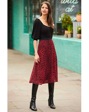 Red Leopard Print Midi Skirt