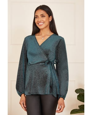 Green Sparkle Velvet Wrap Top With Long Sleeves