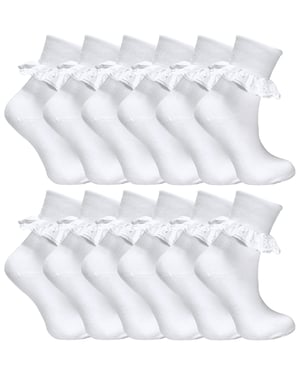 12 Paar Witte Frilly Lace Sokken 7 Maten Sok Snob - Wit