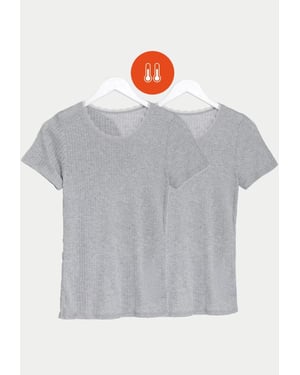 Womens 2 Pack Thermal Pointelle Short Sleeve Tops in Grey