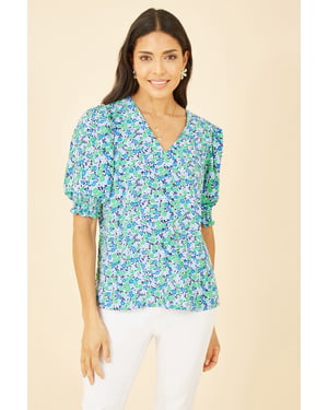 Green Ditsy Print Puff Sleeve Top