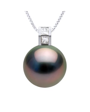 Hängsmycke Prestige Diamant 0,04 Cts - Storlek Princess - Äkta odlad Tahitipärla Rund 11-12 mm
