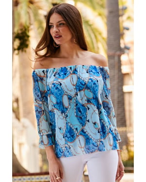 Blue Multi Print Plisse Mesh Bardot Top