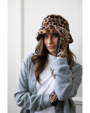 Leopard Plush Print Bucket Hat & Gloves Set