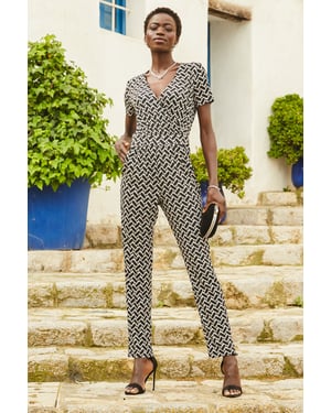 Black & White Geometric Print Wrap Front Jumpsuit