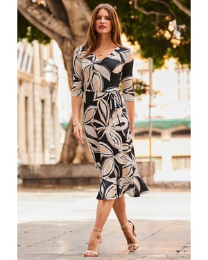 Black & White Floral Print Tie Waist Jersey Midi Dress