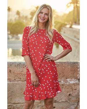 Red & White Spot Print Ruffle Hem Shift Dress
