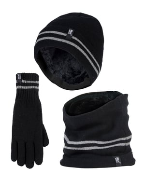 Hi Vis Hat, Neck Warmer & Gloves Set | Heat Holders | Reflective Workwear Set for Extreme Cold Weather - Black