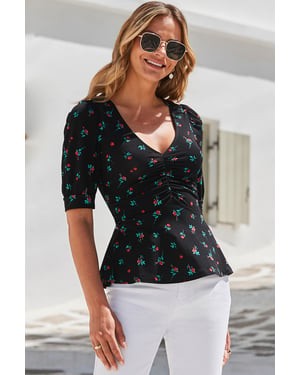 Black Floral Print Peplum Top