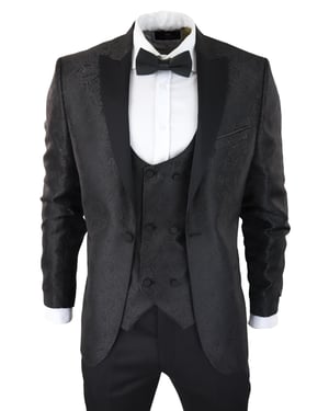 Heren zwarte smoking blazer vest brokaat satijn paisley formeel dinerjack