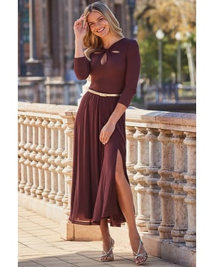 Chocolate Brown Fit & Flare Midi Dress With Gold Belt