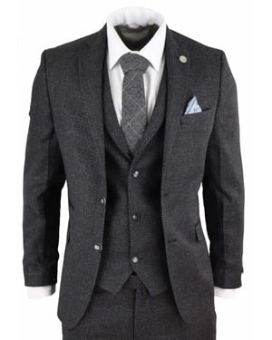 Heren 3-delige Zwarte Visgraat Tweed Kostuum