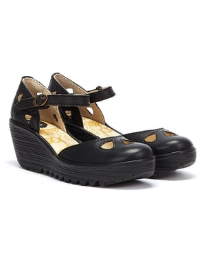 Fly London Yuna Leren Wedge Sandalen - (Zwart)
