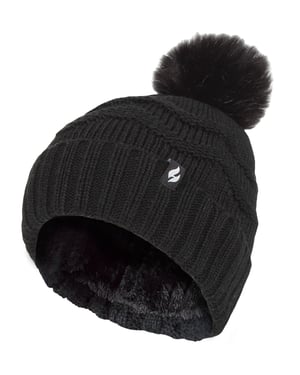 Ladies Winter Fur Beanie Hat | Heat Holders | Zigzag Patterned Pom Pom Hat | Womens Thermal Cuff Bobble Hat - Svart