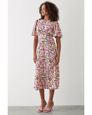 Pink Floral Flutter Sleeve Shirred Waist Midi Dress