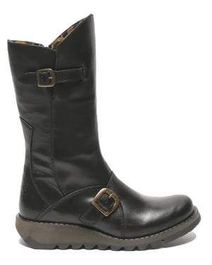 Fly London Dames Zwarte MES 2 Wedge Heel Buckle Mid-Calf Leren Zip Platform Laarzen