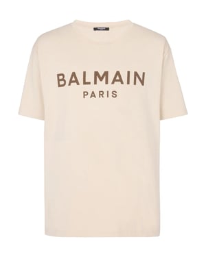 Balmain Brown Logo Print T-Shirt in Ivory Brown