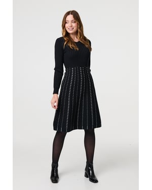 Black Striped Long Sleeve Midi Knit Dress