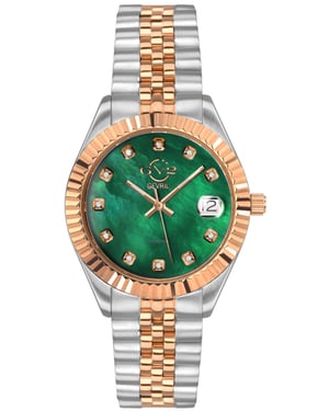 GV2 Naples 12408 Swiss Quartz Women's Green Dial Two Tone Diamond Date Watch