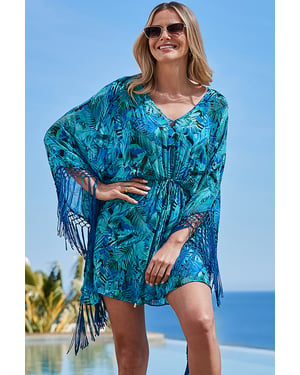 Blue Palm Print Fringe Detail Kaftan