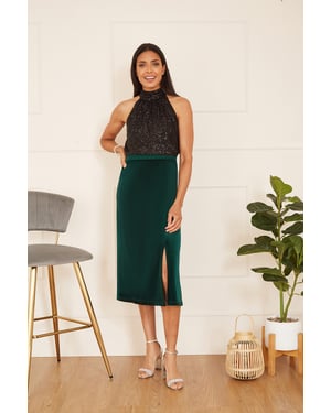 Green Velvet Skirt With Front Slit