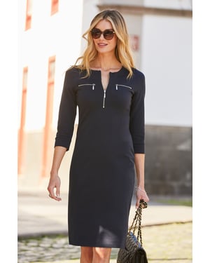 Navy Blue Zip Detail Ponte Shift Jersey Dress