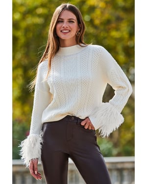 Cream Cable High Neck Faux Fur Cuff Jumper