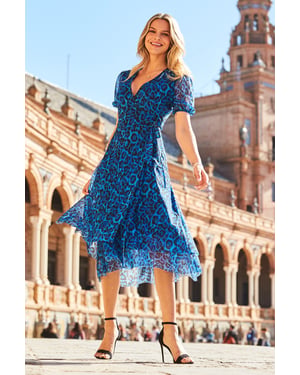 Cobalt Blue Animal Print Mesh Wrap Dress