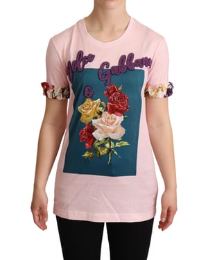 Dolce & Gabbana Dames Roze Katoenen Bloemen Rozen Crewneck T-shirt