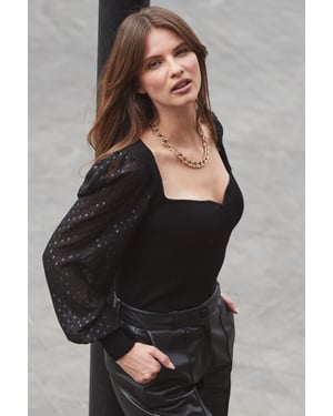 Black Polka Dot Sheer Sleeve Sweetheart Neckline Jumper