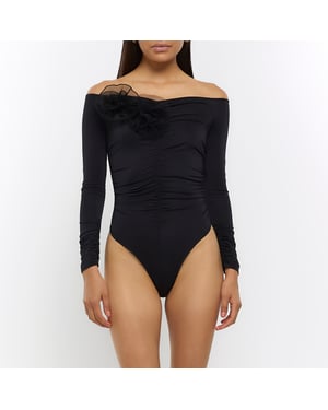 River Island Womens Bodysuit Black Ruched Corsage Detail