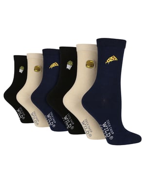 6 Pack Ladies Black Novelty Socks | Wildfeet | Cute Embroidered Socks in Cotton - Fast Food