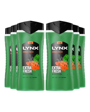 Lynx 3in1 Body, Face & Hair Wash Shower Gel Extra Fresh Jungle Fresh 500ml, 6pk