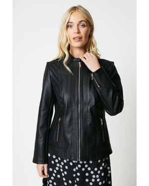 Petite Black Faux Leather Seam Detail Jacket