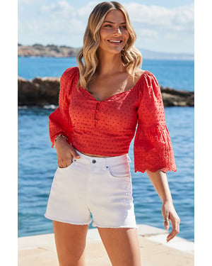 Orange Embroidered Top With Broderie Trim