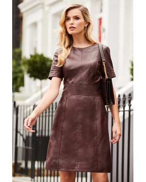 Burgundy Leather Panelled Shift Dress
