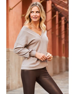 Taupe V Neck Fine Knit Jumper