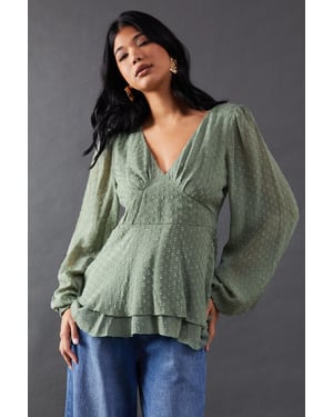 Plunge Neck Dobby Chiffon Double Layer Blouse