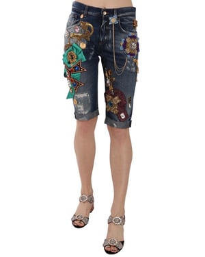 Dolce & Gabbana Dames Blauwe Denim Mid Waist Kristallen Capri Shorts