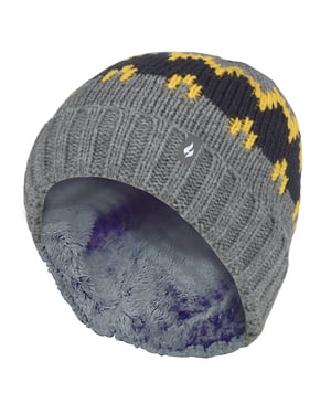 Heat Holders - Pojkar Tjock Ribbad Vävd Stickad Mjuk Pom Pom Bobble Beanie Mössa - Pebble Melange/Guld/Navy
