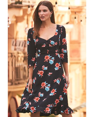 Black Floral Print Sweetheart Neck Dress