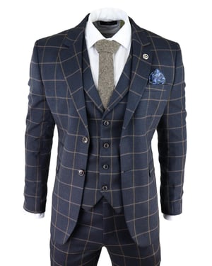 Heren Marineblauwe Geruite 3-delige Tweed Pak Peaky Blinders 1920s Gatsby Tailored Fit