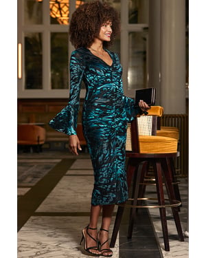 Green Velvet Devoré Ruched Front Midi Dress